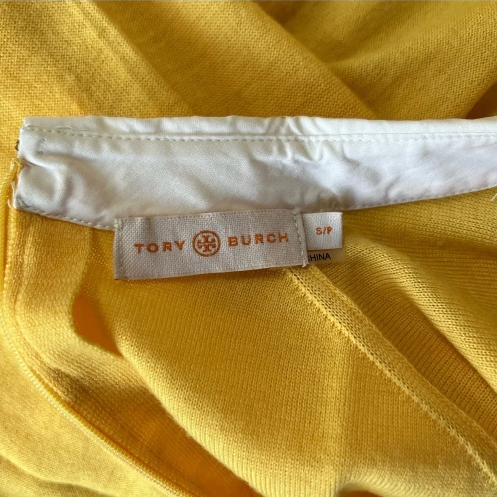 Tory Burch Edwina Embroidered Panel Merino Collared Sweater, Sun Yellow, S/P